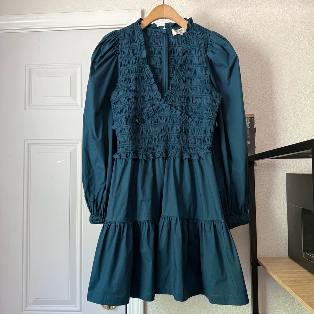 SEA NEW YORK teal blue cotton smocked ruffle long puff sleeve tiered mini dress